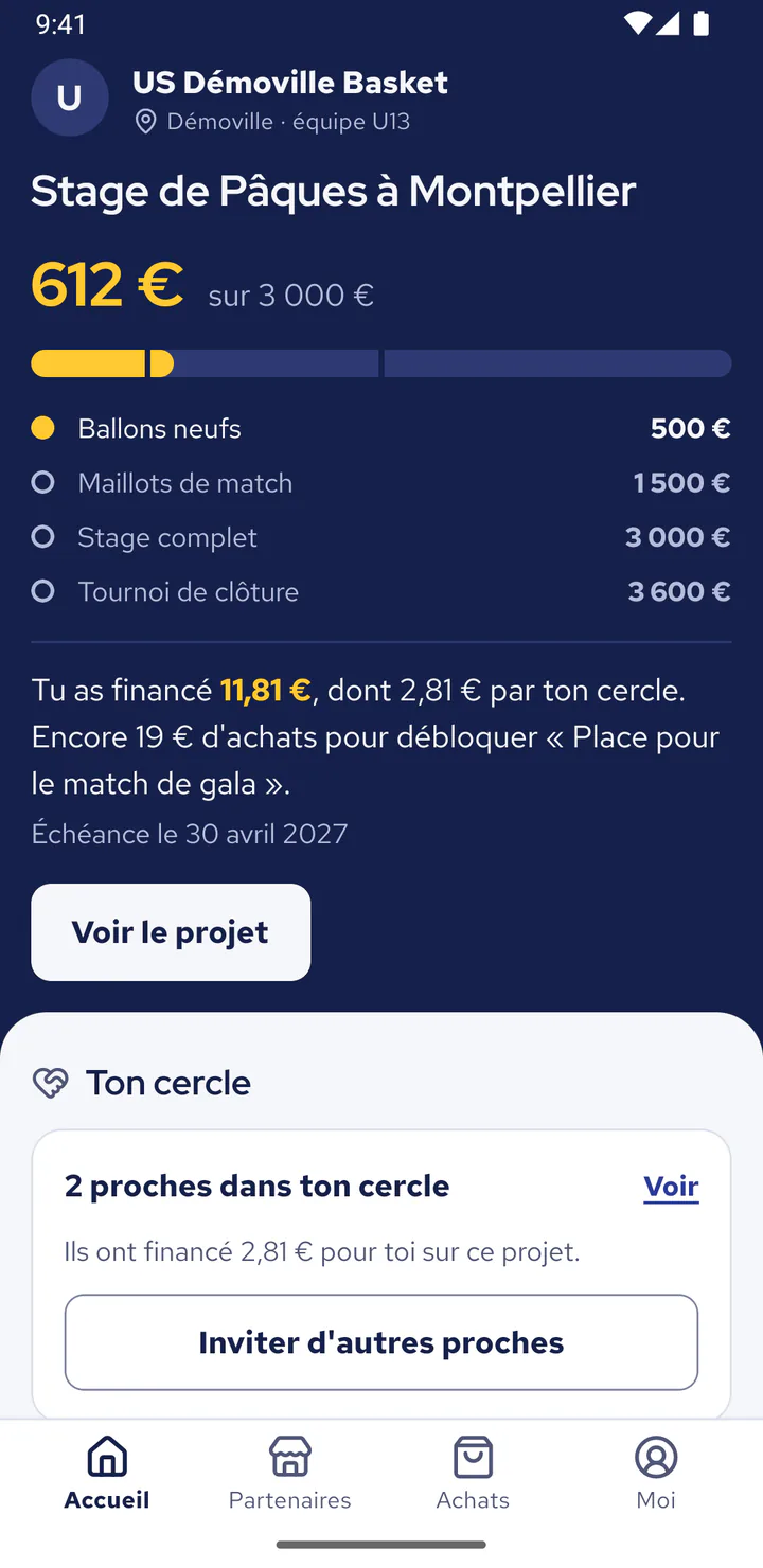 L'accueil de l'app : le projet soutenu sur l'encre, sa jauge, et ce que l'adhérent a financé avec son cercle.