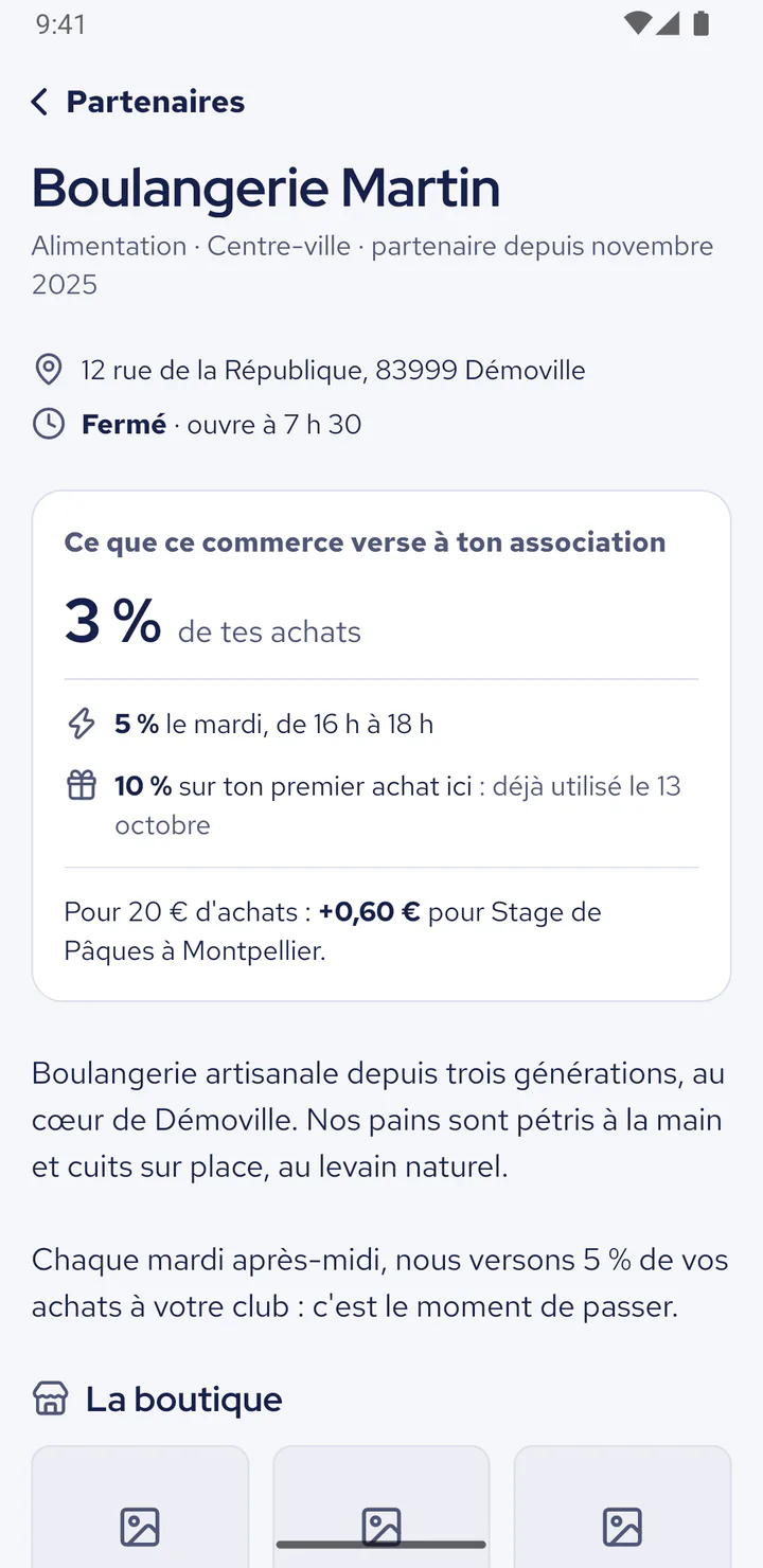 La fiche de Boulangerie Martin dans l'app : 3 % des achats pour l'association, un boost le mardi et un taux de bienvenue.